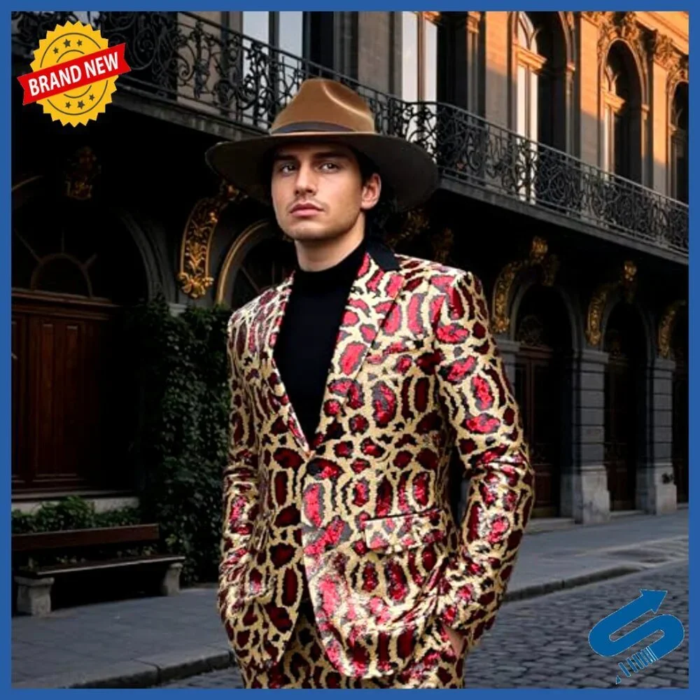 Men's Sequin Blazer Leopard Print Glitter Tuxedo Jacket Party Prom